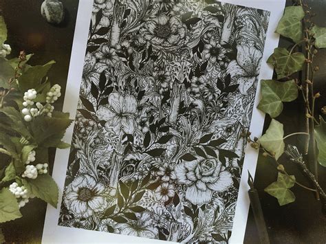 Gothic Art Botanical Illustration Occult Art Ink Drawing