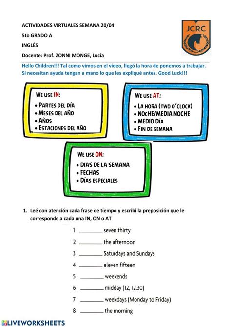 Preposiciones De Tiempo To Grado Jockey Worksheet Preposition Of Time Activities School