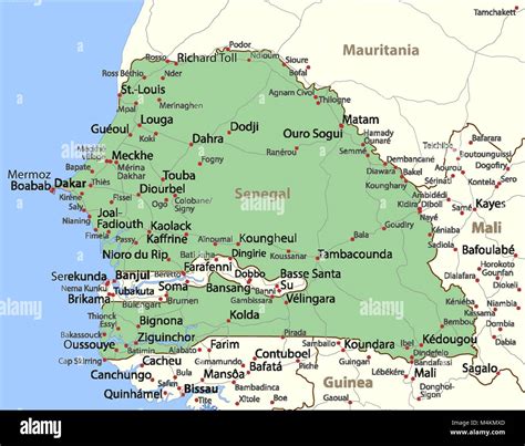 La Carte Du Sénégal Montre Frontières Du Pays Les Zones Urbaines Les