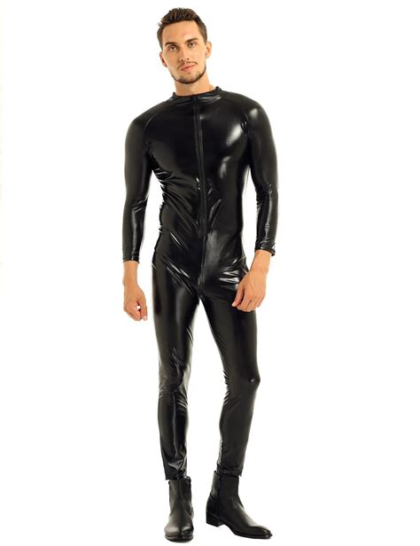 men black sexy pvc latex jumpsuit fetish open crotch zipper catsuit faux leather bodysuit play