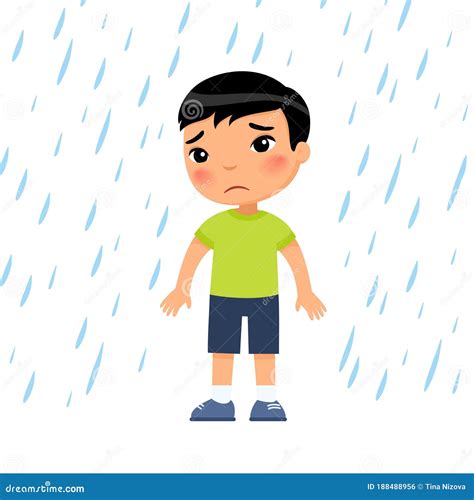 Unhappy Boy Under Rain Flat Vector Illustration Sad Preteen Child In