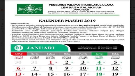Download Kalender Masehi Dan Hijriyah 2019 Nu Lengkap Dengan Jadwal