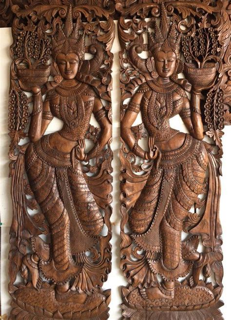 2 Extra Thick Large Wooden Wall Art Craved Thai Angle Lotus Flower Hand