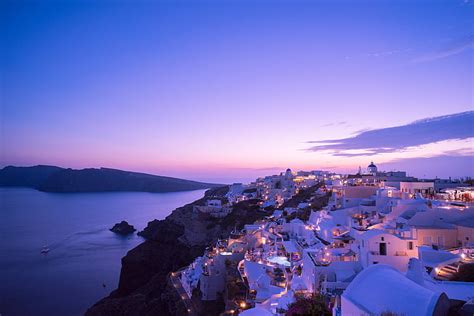 Hd Wallpaper Santorini Greece Sea Sunset Lights Home The Evening