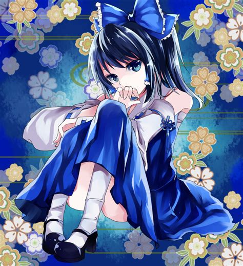 Safebooru 1girl Alternate Color Black Hair Blue Dress Blue Eyes Bow