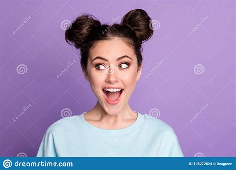portrait of crazy positive cheerful girl millennial look incredible novelty impressed shout wear