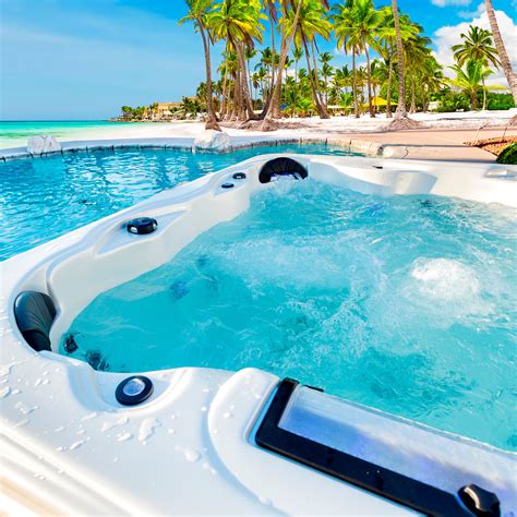 An Outdoor Jacuzzi Is Shown With Palm Trees In The Background And Blue Water