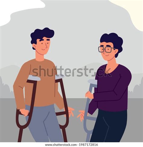 Amputee Men Crutches Disabled Stock Vector Royalty Free 1987172816