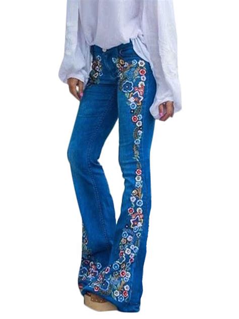 Fashion Denim Flare Pants Women Retro Embroidered Floral Jeans Wide Leg Trousers Lady Casual