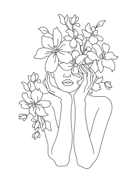 Minimal Line Drawing Art Girl And Flowers In 2020 Flower Line