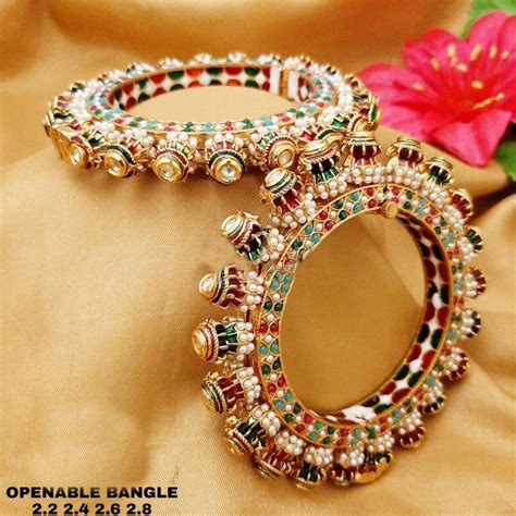 Indian Bollywood Bridal Gold Plated Pearl Metal Jadau Bangles Chudi Kada Set Ebay Bride