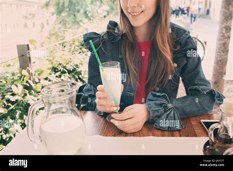 Young Smiling Girl Drinking Tasty Sweet Cocktail Amazing Relaxing Day Tasty Lemonade Outdoor