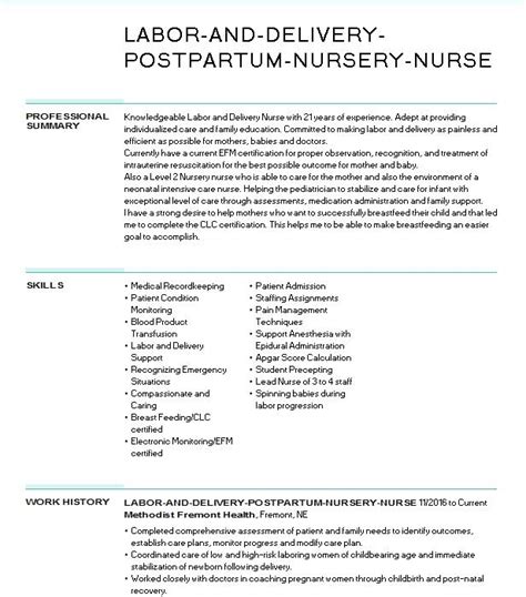 Registered Nurse Labor Delivery Nursery Postpartum Nurse Resume Example