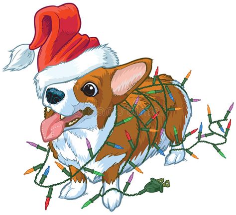 Christmas card with cute cartoon dog. Corgi Dog With Santa Hat And Christmas Lights Vector ...