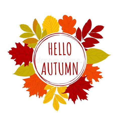 Hello Autumn Circle Frame Hand Drawn Different Colored Fall Leaves
