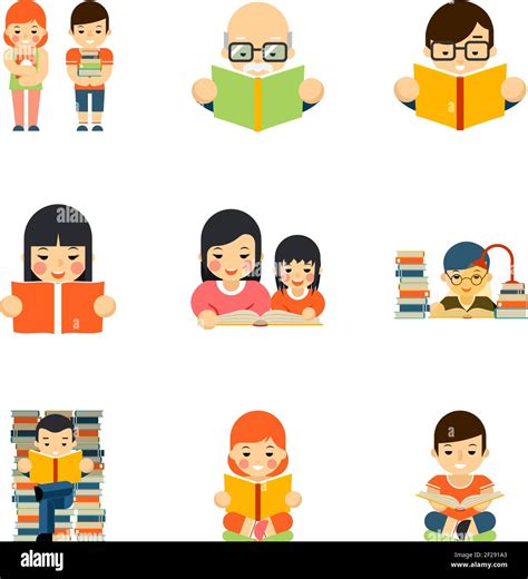 Icons Set Of People Reading Book In Flat Style Design Education School Study And Student Read