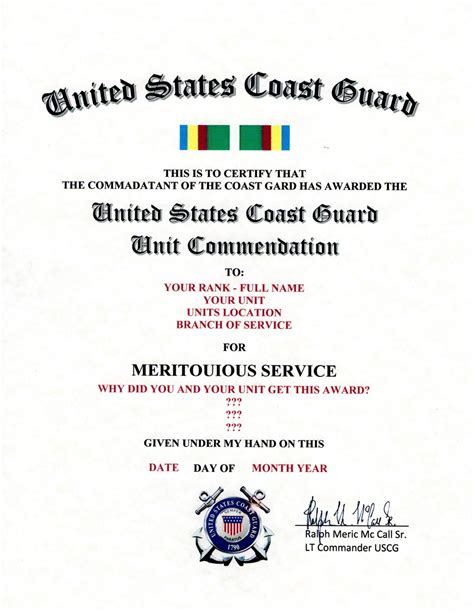 United States Coast Guard Unit Commendation Replacement Certificate
