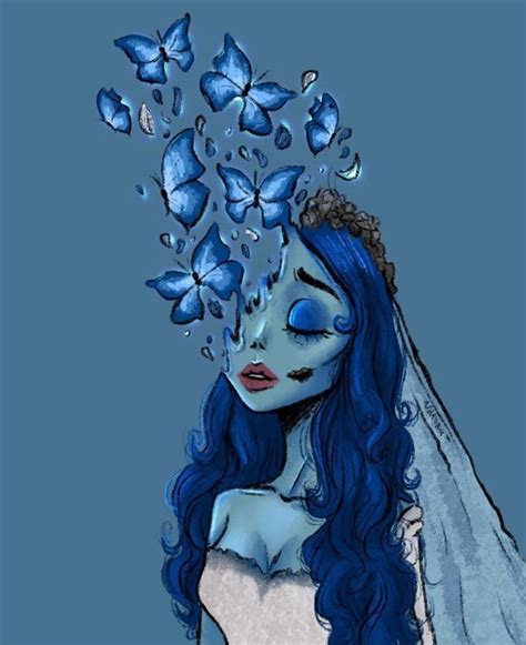 A Woman With Blue Hair And Butterflies On Her Head Is Shown In This