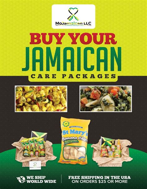 the flyer for jamaican care packages with two bags of food in front of it