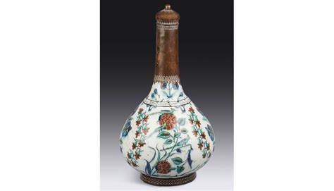 Rare Iznik Polychrome Pottery Bottle With Tombak Mounts Depicting