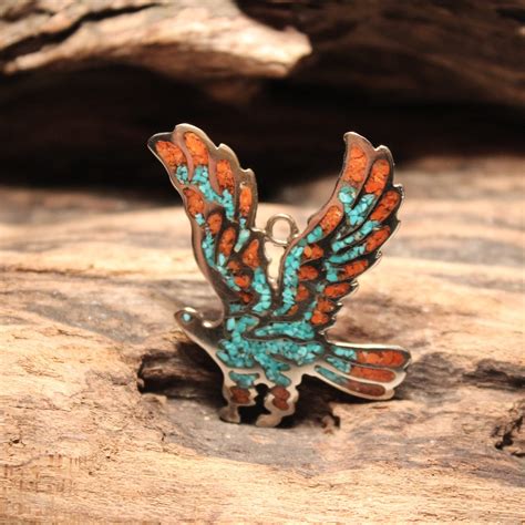 Large Vintage Navajo Turquoise Coral Eagle Necklace Pendant
