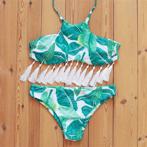 Swimwear Women 2017 Leaf Tassel Bikini Set Sexy High Neck Bandeau Swimsuit Summer Beach Crop Top