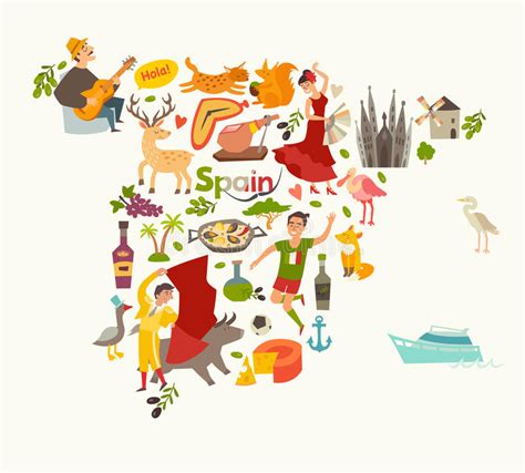 Buildings of interest in red. Spain Map Vector, Contour. Illustrated Map Of Spain For Children/kid Stock Vector - Illustration ...