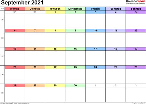 Auf der webseite „kalenderpedia stehen ihnen vorlagen für die „kalenderwochen 2021 zum download und ausdrucken bereit. Kalender September 2021 als PDF-Vorlagen