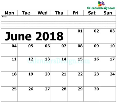 Blank June 2018 Calendar