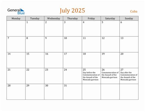 Free July 2025 Cuba Calendar