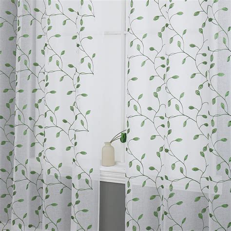 Amazon.com: 2 Panels Fashion Olive Green Leaves Embroidered Sheer