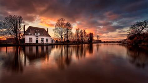 House River Water Reflection Dusk Netherlands Wallpaper Travel