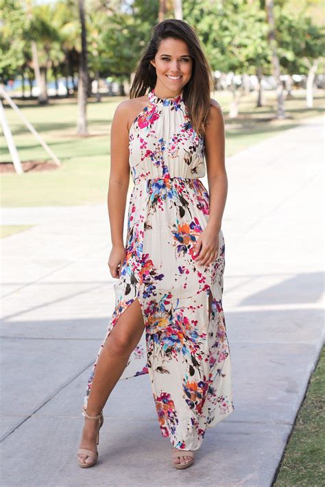 Ivory Floral Halter Neck Maxi Dress Online Boutiques Saved By The Dress