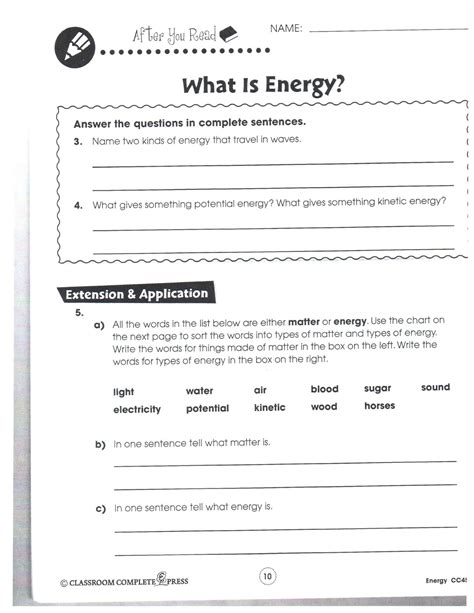 6th Grade Science Energy Worksheet
