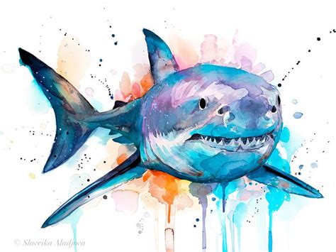Great White Shark Watercolor Painting Print By Slaveika Etsy In 2021