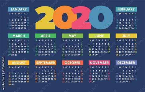 Colorful Calendar 2020 Vector Pocket Basic Grid Simple Design Template