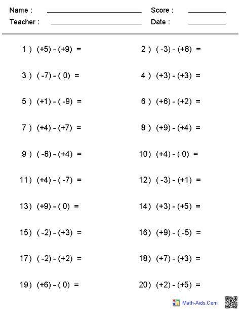 Free Printable Algebra Worksheets Integers