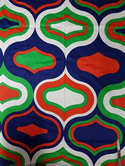 Vintage 70s Retro Geometric Print Fabric Bold Colours Of Navy Etsy