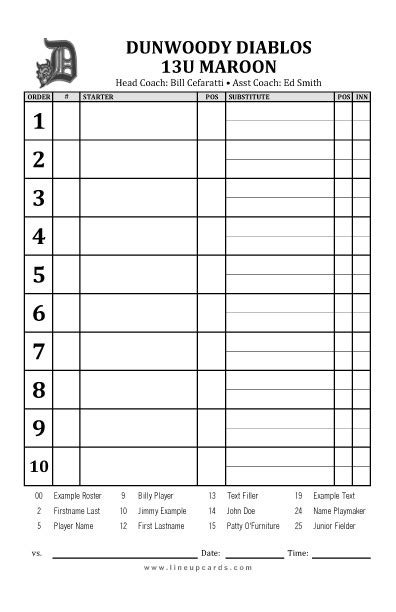 Custom Travel Baseball Lineup Cards 4 Part Lineup Cards With Team