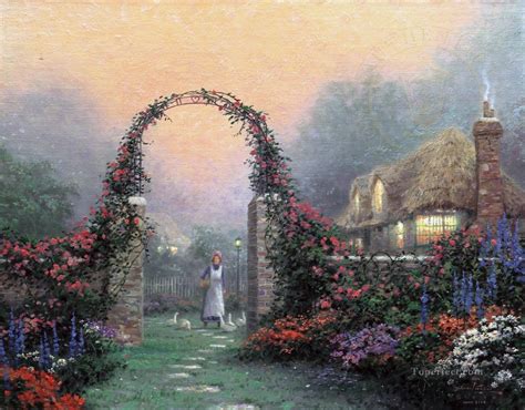 The Rose Arbor Cottage Thomas Kinkade Painting In Oil For Sale
