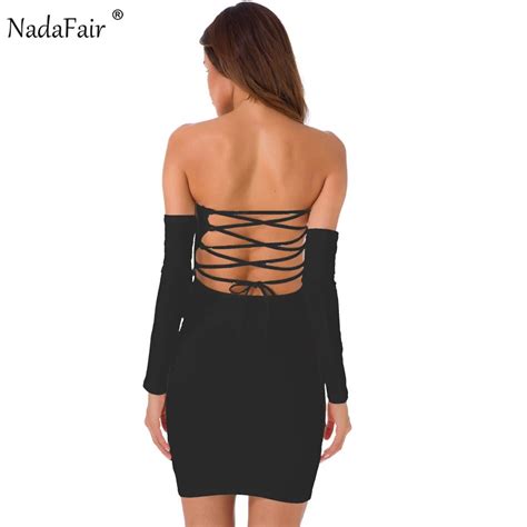 Nadafair 95 Cotton Lace Up Off Shoulder Slash Neck Sexy Club Bodycon Dress Slash Neck Backless
