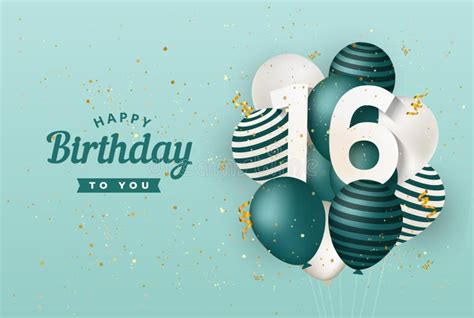 Happy 16th Birthday With Green Balloons Greeting Card Background Stock