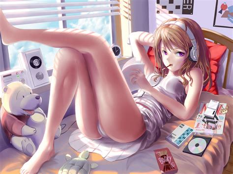 Wallpaper Anime Girls In Bed Cartoon Original Characters Headphones Mouth Comics