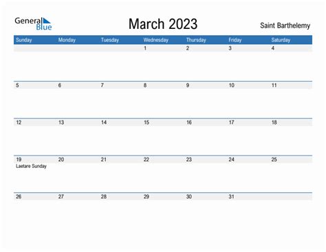 March 2023 Calendar With Saint Barthelemy Holidays