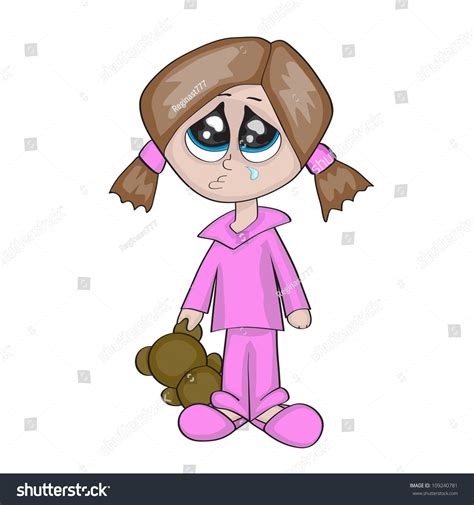 Little Cartoon Girl Crying Holding Teddy Stock