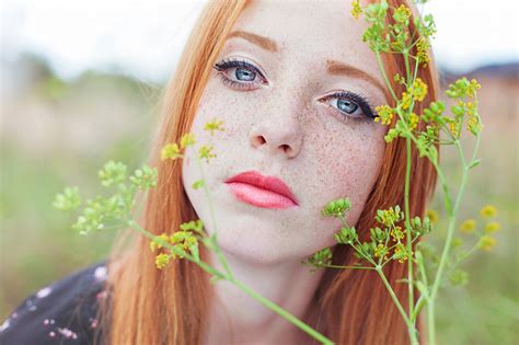 Freckles Nature Plants Blue Eyes Model Redhead Women Outdoors
