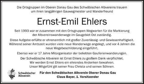 Traueranzeigen Von Ernst Emil Ehlers Schwaebische De Trauerportal My