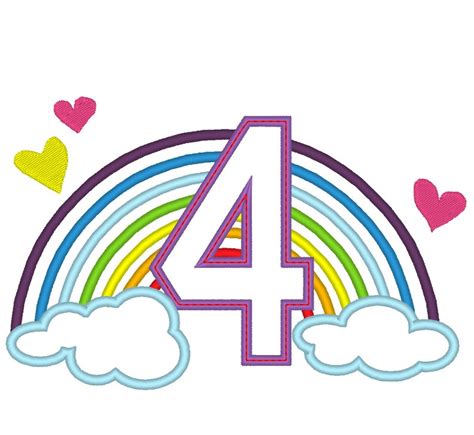 Cute Rainbow Birthday Number 4 Four Only Machine Embroidery Etsy