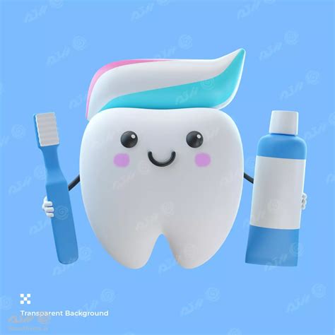 تصویر سه بعدی شخصیت کارتونی دندان ناز به همراه خمیر دندان و مسواک با لبخند فایل Psd لایه باز با