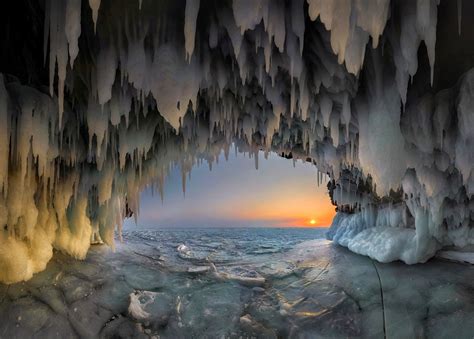 Nature Landscape Cave Ice Stalactites Lake Sunset Cold Frost
